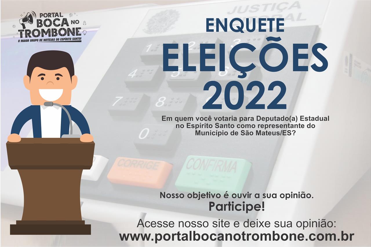 O PORTAL BOCA NO TROMBONE COLOCA A ENQUETE NO AR COM A SEGUINTE PERGUNTA: “SE AS ELEIÇÕES ESTADUAIS FOSSEM HOJE, EM QUEM VOCÊ VOTARIA PARA DEPUTADO(A) ESTADUAL NO ESPÍRITO SANTO COMO REPRESENTANTE DO MUNICÍPIO DE SÃO MATEUS/ES?