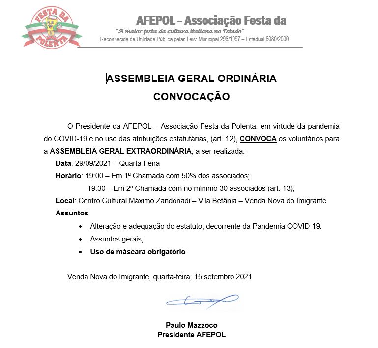 ASSEMBLEIA GERAL EXTRAORDINARIA - CONVOCAÇÃO - 29/09/2021