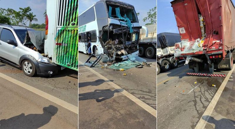 BR-364: Acidente entre Fiat Strada, caminhão e ônibus deixa seis feridos em Pimenta Bueno